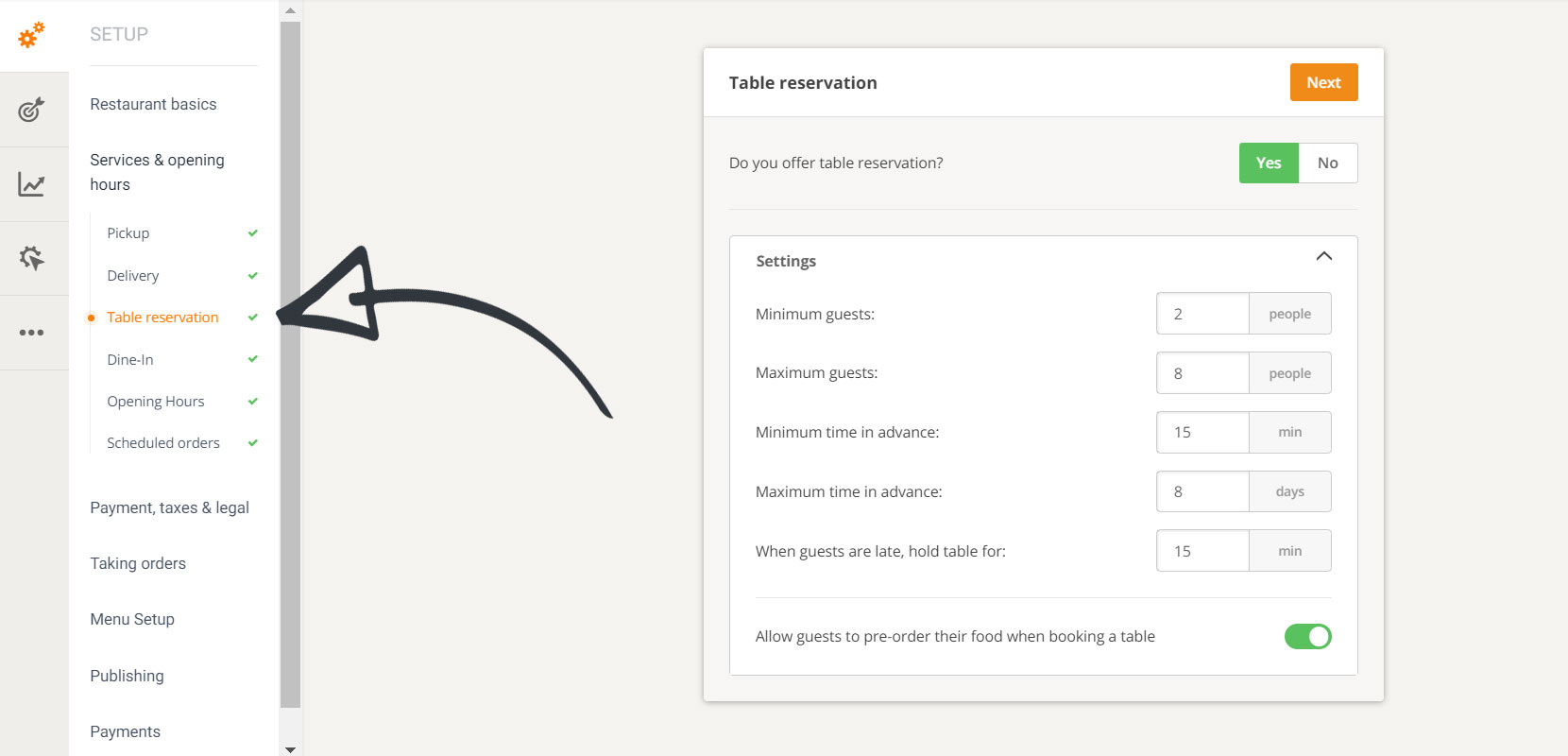restaurant reservation procedure