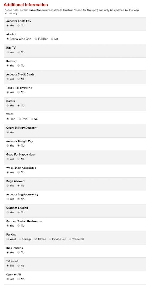 add additional information to yelp profile