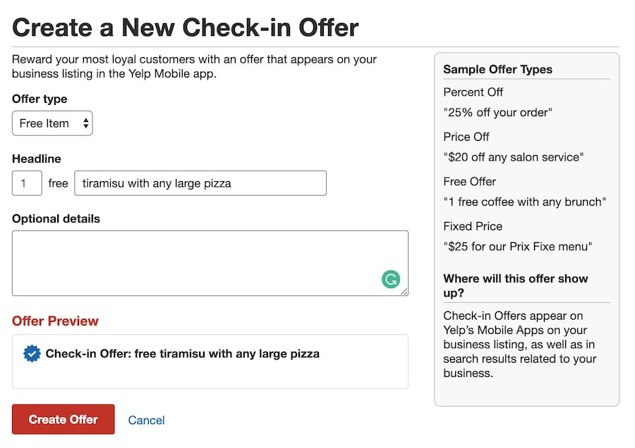 increase yelp conversion by adding a check in offer