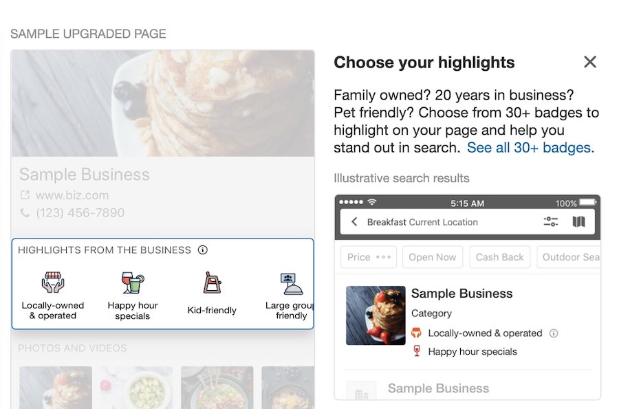 yelp business page highlights