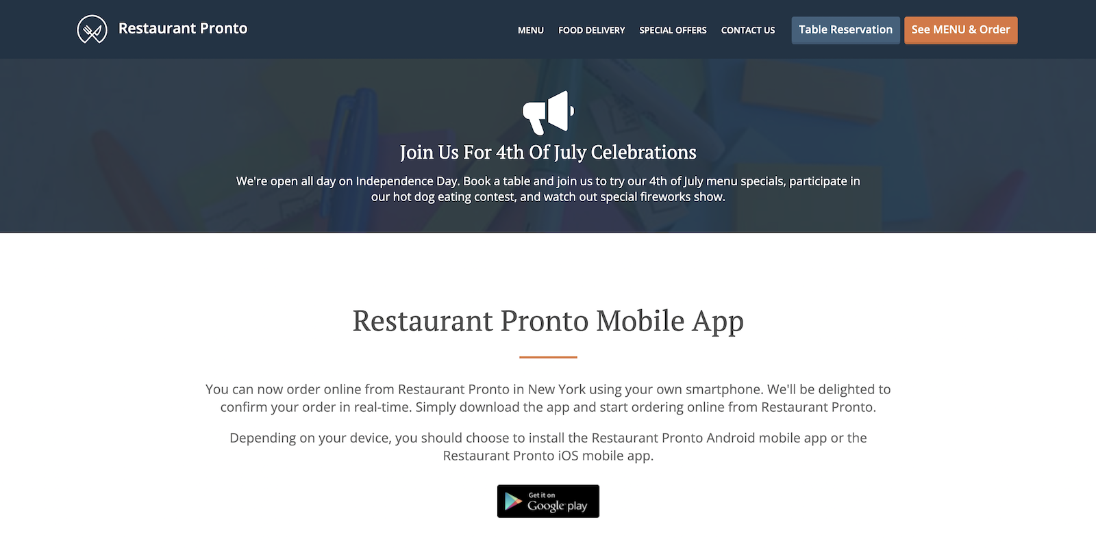 Independence Day restaurant promo on website