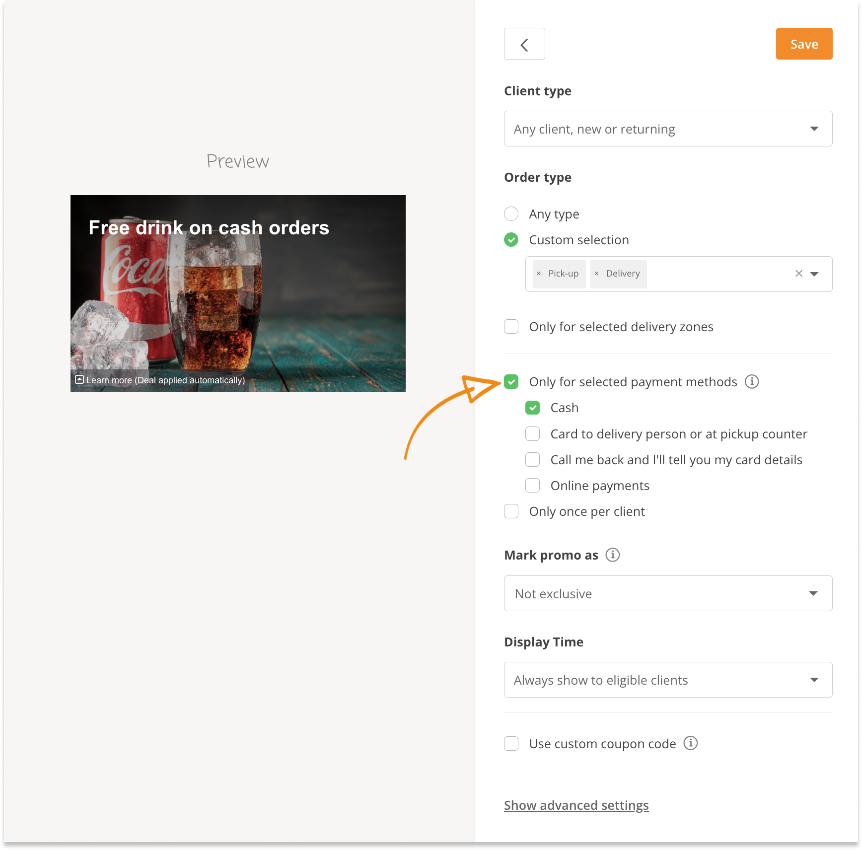 restaurant payment method promotion