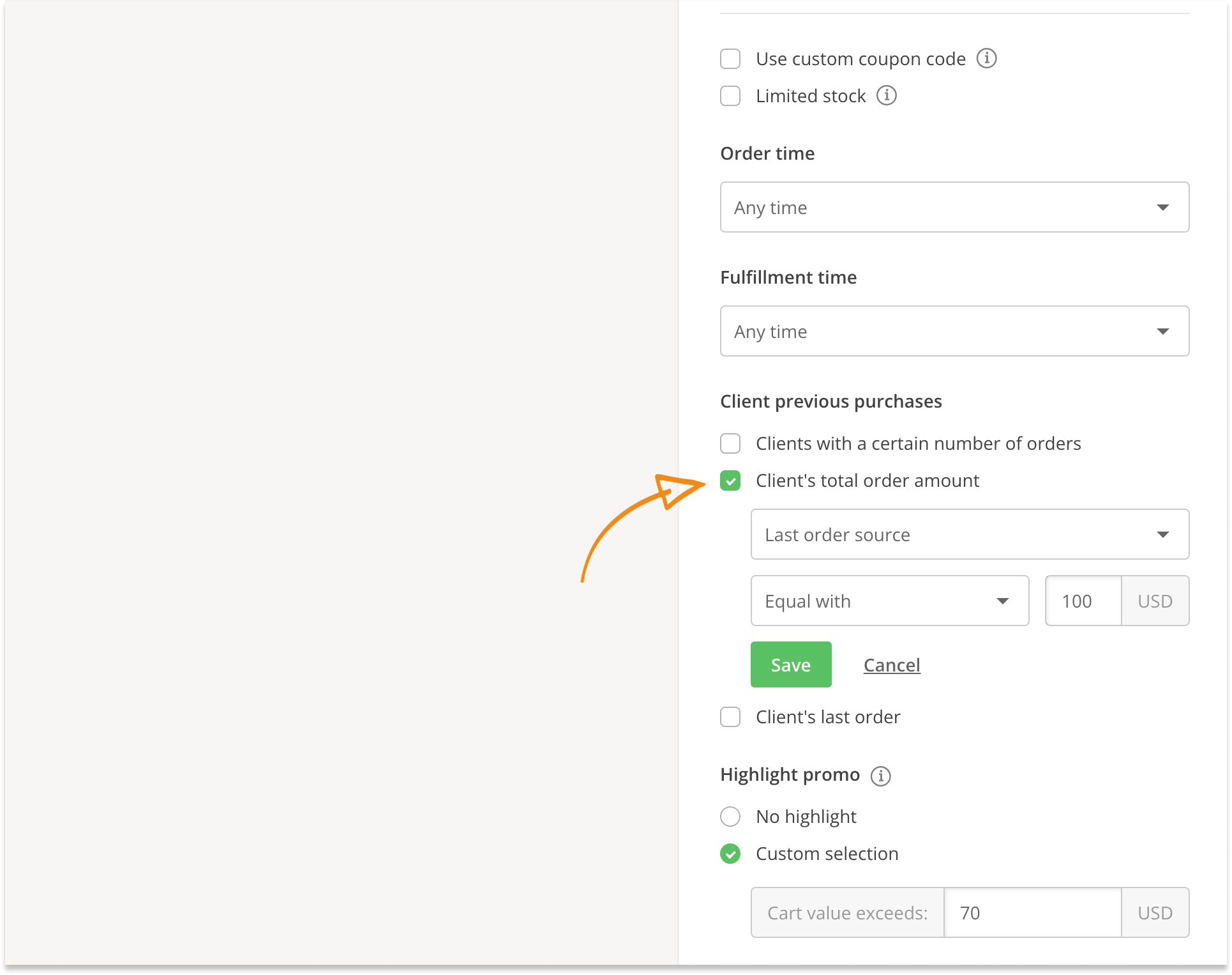set promotion based on client's total order amount