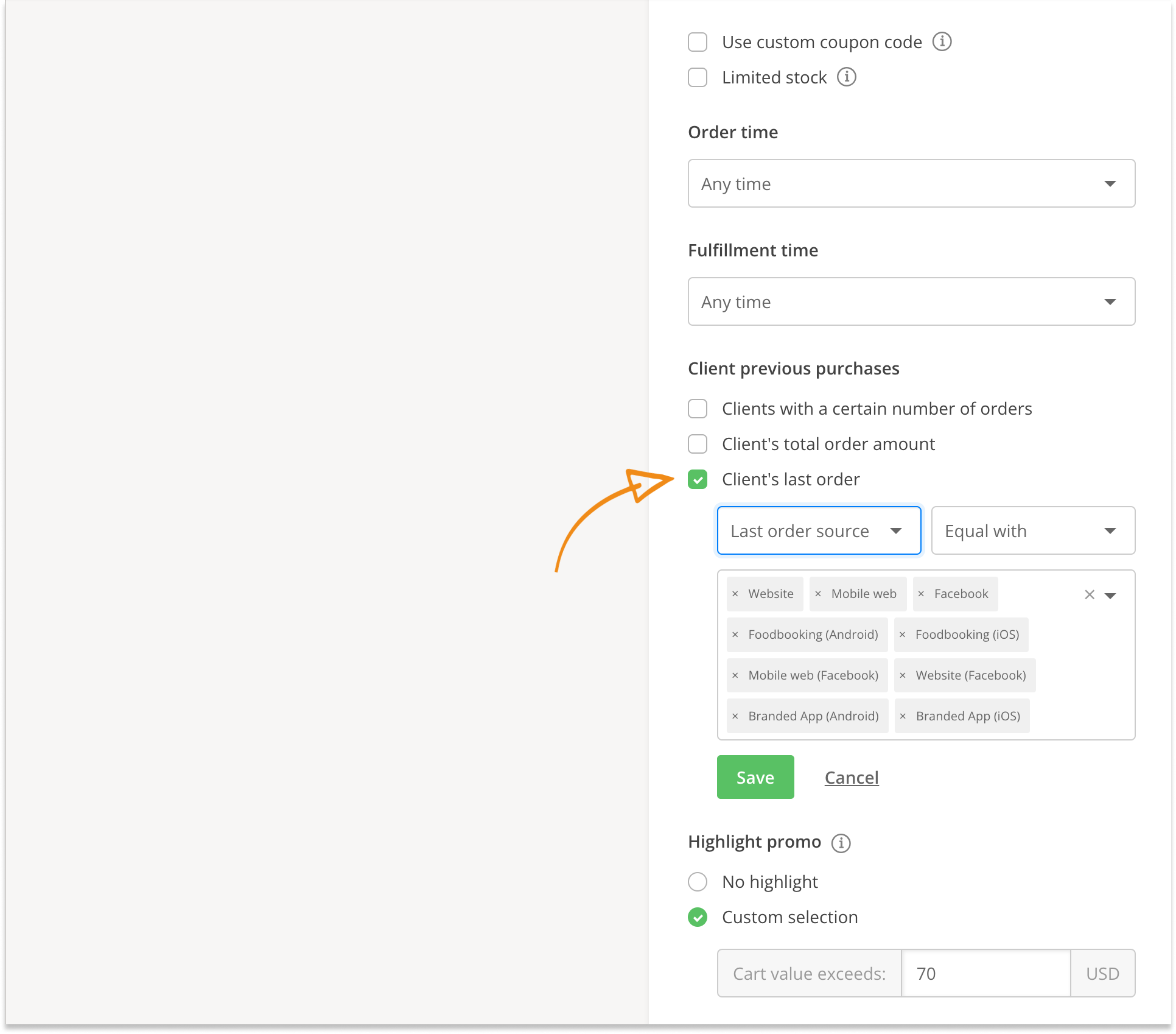 set promo based on client's last order