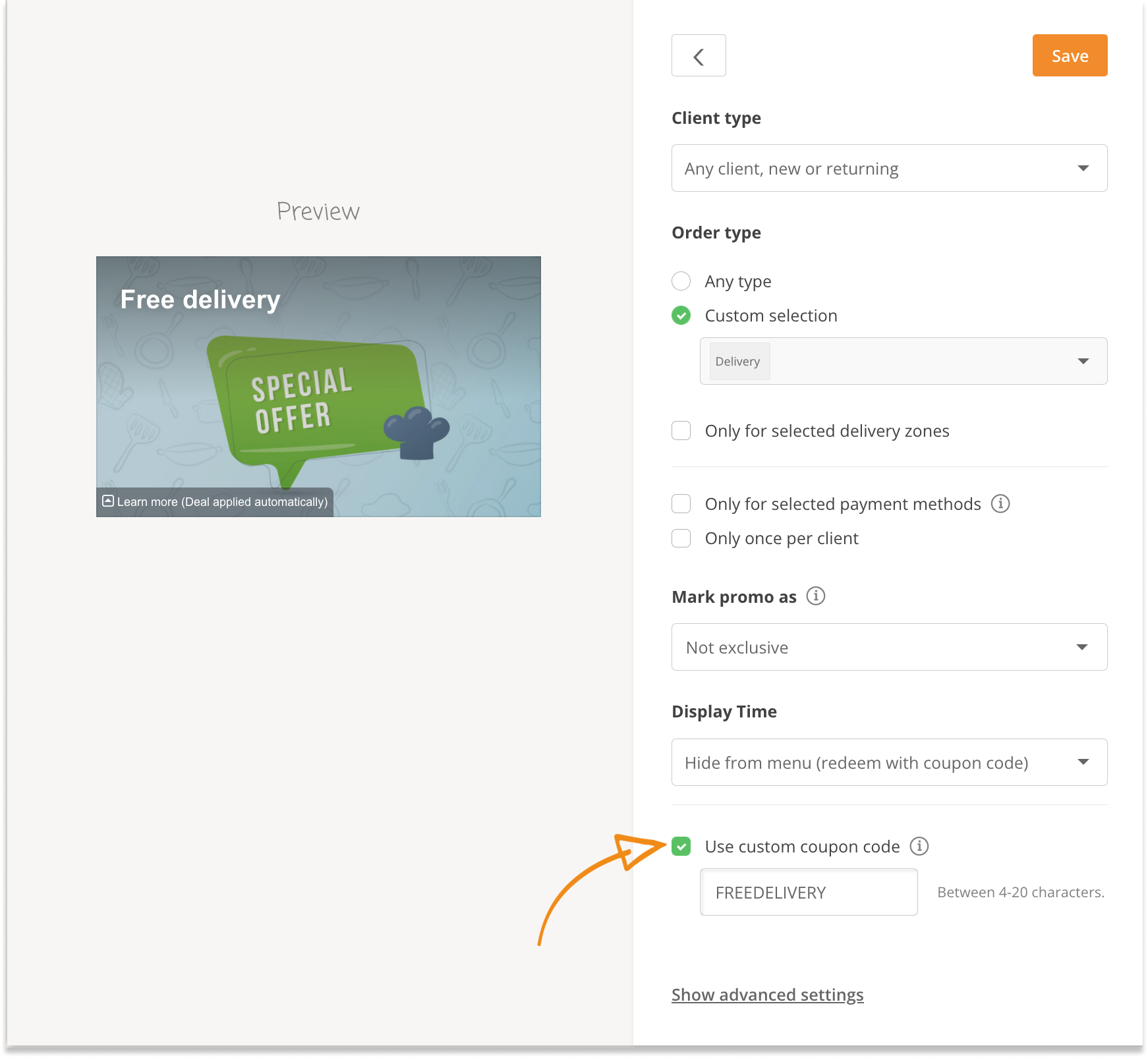 create a restaurant coupon code for delivery