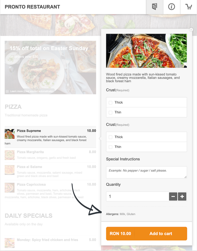 how a menu with allergen information looks like