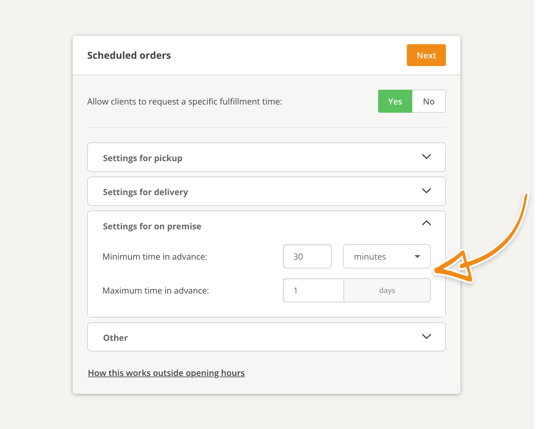 on premise scheduled orders