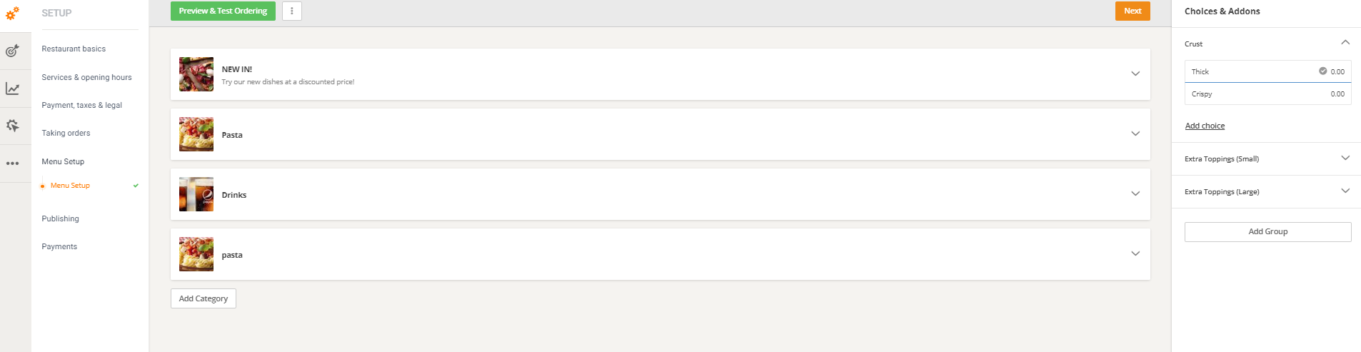 create a dine-in ordering menu