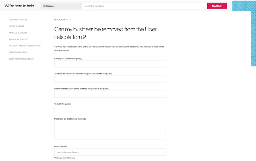 remove restaurant from uber eats form